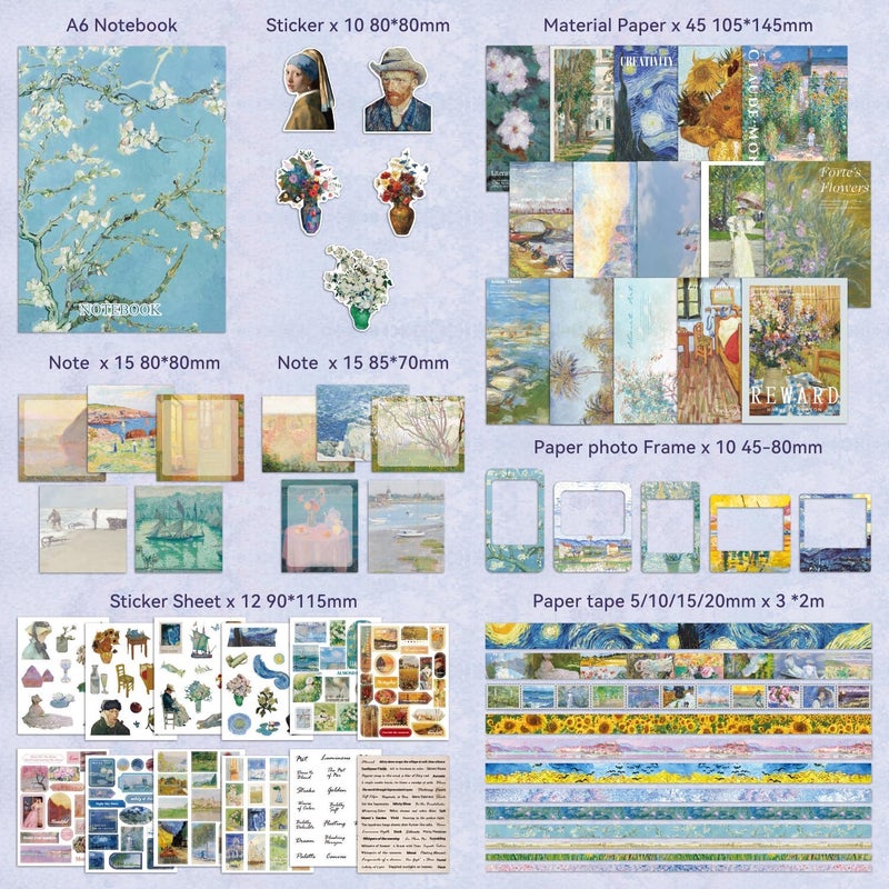 emmoolife Scrapbooking Supplies Kit, Monet Van Gogh Oil Painting Theme Scrapbook Kit for Bullet Junk Journal, 12 Rolls Washi Tape, Stickers Papers for DIY Journaling Supplies, Craft Gift for Women Teenage - Image 2